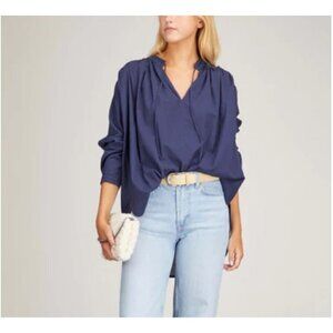 Xirena Ameli Keyhole Tie Neck Long Sleeve Hi-Low Blouse Navy Blue M